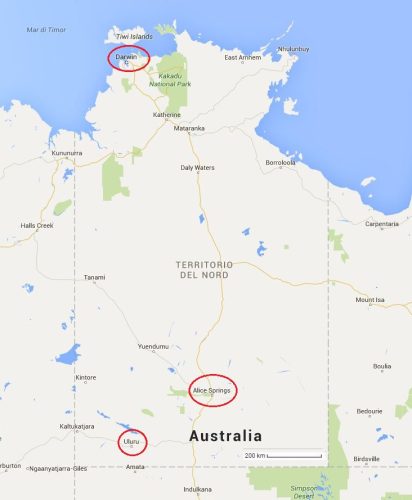 Cartina dei NT, Darwin-Alice Springs 1500 km, Alice Springs-Uluru 460 Km